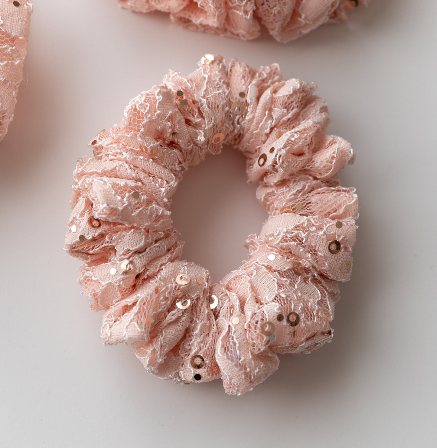 Lace Peachy Pink Scrunchies | Elegant Hair Scrunchies for Effortless Style | Handmade Scrunchies